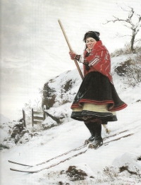Norveška ljudska smučarka iz okoli 1900 iz Morgedala, pokrajina Telemark na Norveškem. 