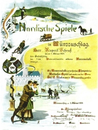 Avstrijci so leta 1904 v Mürzzuschlagu uvedli po švedskem vzoru svoje Nordijske igre. Na sliki je diploma za srebrno medaljo, i jo je na igrah osvojil Avstrijec Rupert Schruf.