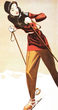 Smučarske trlice so reklamirale smučarsko modo po drugi svetovni vojni, kot da so športni mišičnjaki izumrli (1945).