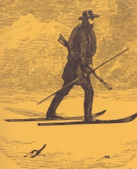 Verjetno upodobljen Snowshoe Thompson, ko ni nosil pošte, pač pa odšel s smučmi na lov (okoli 1860).