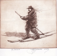 Akademski slikar Mišo Strman (Bloke): Bloški smučar, jedkanica 18,5 x 16 cm (2009).