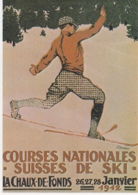 Švicarski plakat je vabil na mednarodne smučarske tekme leta 1912 in namesto alpske tehnike postavlja v prvo vrsto norveški telemark.