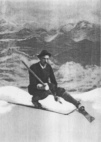 Mathias Zdarsky prikazuje nizki počep med pluženjem in razenjem palice po snegu: primer zaviranja med smuko (1911).