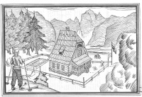 Skica Doma Ilirija v Planici, v ozadju Jalovec (1931).