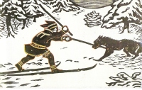 Bločani so pobili še nekaj volkov, ko je padel njihov vodnik (laponski lovec pobija volka, Karin Berg: Ski i Norge, 1993).