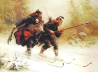 Švedi so ugrabljali tudi otroke in jih vzgajali v severnjaškem duhu (Birkebeinerja rešujeta leta 1206 norveškega princa Haakona Haakonsona, Knut Bergslien, olje, koncem 19. stoletja).