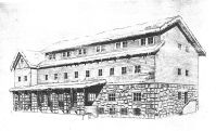 Skica Šport hotela na Pokljuki, ki ga je leta 1934 zgradil Smučarski klub Ljubljana. Hotel je imel tudi notranji bazen, zraven kratko smučišče ter tekaške proge in nekoliko višje 40 metrsko skakalnico.