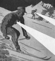 Nočno smučanje. Nič novega, le način osvetljevanja je bil leta 1930 malo drugačen, kot je danes pod reflektorji.
